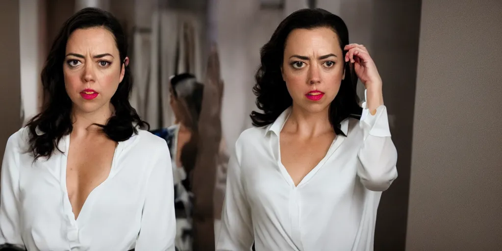 Image similar to ultra wide angle photo of aubrey plaza dressed in a white blouse and black dress pants as diana prince looking at herself in a bathroom mirror and seeing her reflection as wonder woman