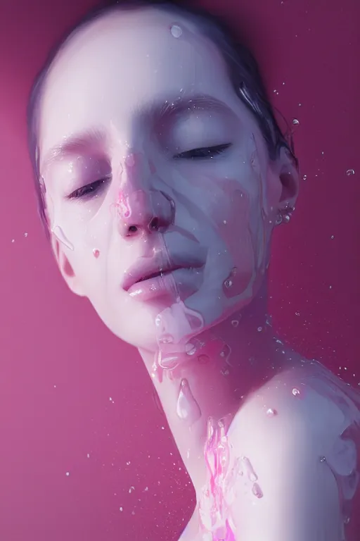 Prompt: 3 d, close - up, liquid white oil, sleepy smiling fashion model, light fog, smoke, poster art, high detail, intricate oil painting, multiple exposure, deep pink color palette, hyperrealism, 3 d, by tooth wu and wlop and beeple and greg rutkowski