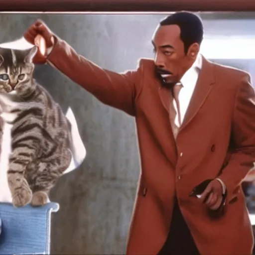 Prompt: a still of the cat shootout from the buddy cop movie beverly hills cat 2, with eddie murphy