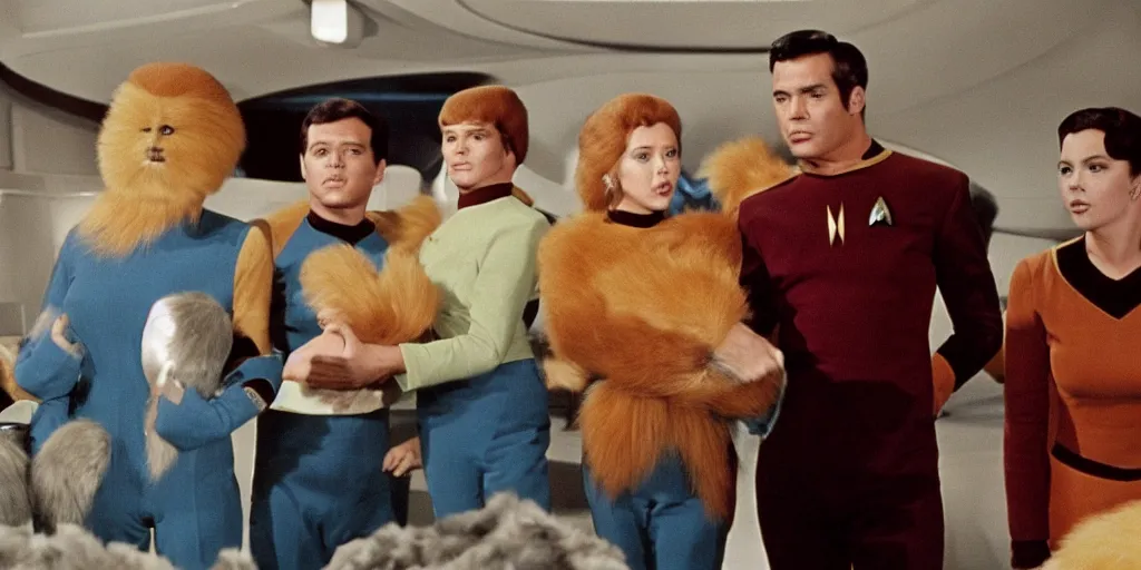 Prompt: Scarlett Johansson and Tribbles in a scene from Star Trek the original series