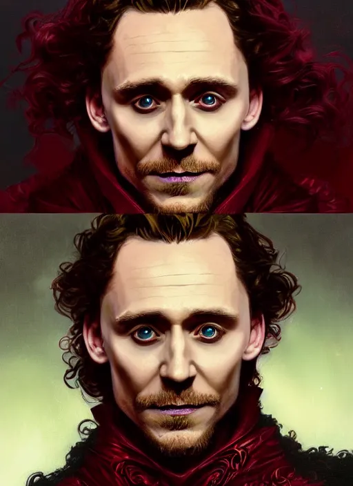 Prompt: portrait of tom hiddleston as a vampire lord, crimson peek, jewelry, greek, emerald, intricate, headshot, highly detailed, digital painting, artstation, concept art, sharp focus, cinematic lighting, illustration, art by artgerm and greg rutkowski, alphonse mucha, cgsociety