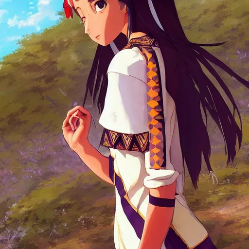 Image similar to a beautiful women instagram model, brown skin, wearing elegant catholic school girl designer fashion with mayan pattern and native style, aztec street fashion, gapmoe yandere grimdark, trending on pixiv fanbox, painted by greg rutkowski makoto shinkai takashi takeuchi studio ghibli, akihiko yoshida