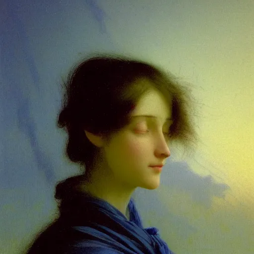 Image similar to a young woman's face, her hair is white and she wears an indigo blue satin cloak, by ivan aivazovsky and syd mead and moebius and gaston bussiere and roger dean and pieter claesz and paul delaroche and alma tadema and aelbert cuyp and mort kunstler, hyperrealistic, volumetric light, octane render