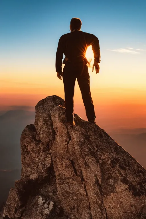 Prompt: a movie still of a man standing on the top of a mountain at sunset, golden hour