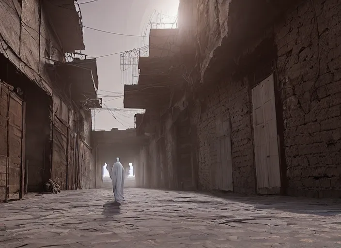 Image similar to old jeddah city alley, roshan, old shops, horse, magical gateway to another dimension, a man wearing a white robe standing watching over, sci - fi, dramatic lighting, dawn, by caspar david friedrich, unreal engine 5