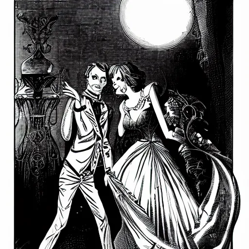 Prompt: contess and the vampire's last dance at the ball, gothic - n 4