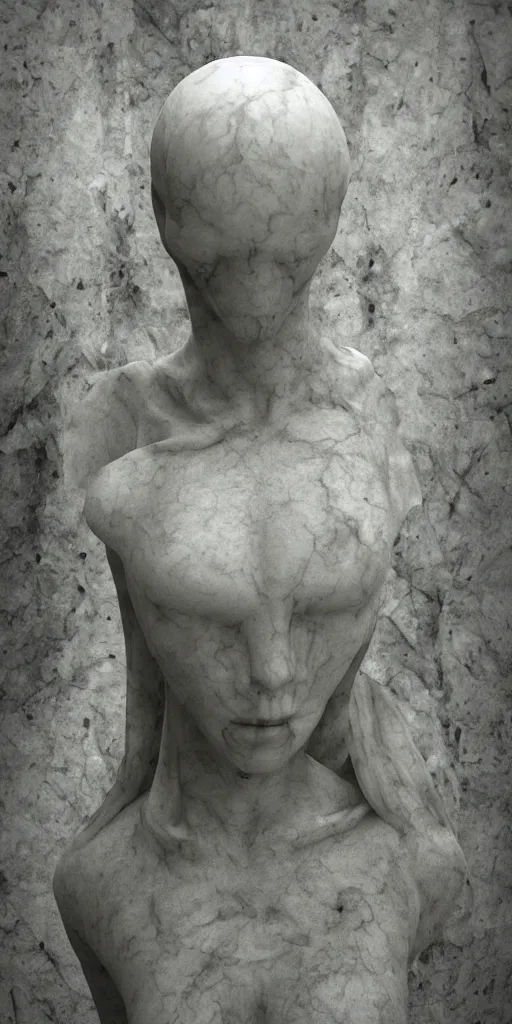 Image similar to weird marble statue close up in a dark room, creepy and eerie athmosphere, mist, godrays, photorealistic, hd,