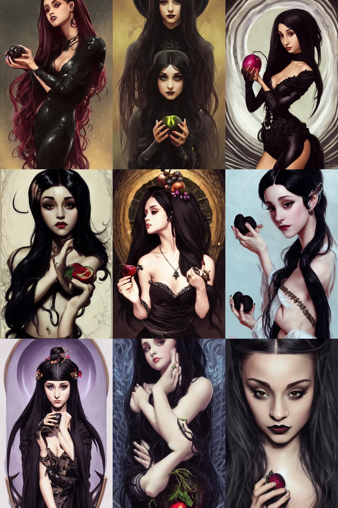 Prompt: beautiful gothic Ariana Grande holding a Black Fruit, Black Hair, intricate, elegant, highly detailed, digital painting, artstation, concept art, smooth, sharp, focus, illustration, art by artgerm and greg rutkowski and alphonse mucha