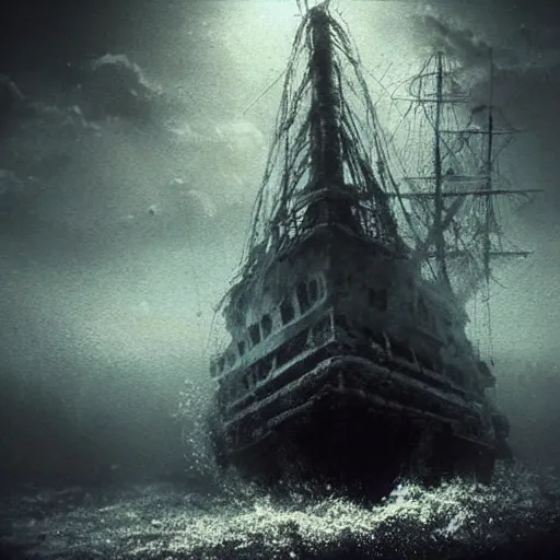 Prompt: an old ship on the bottom of the ocean that sunk long ago. mysterious, intimidating, haunted. horror movie screencap. epic. trending on artstation