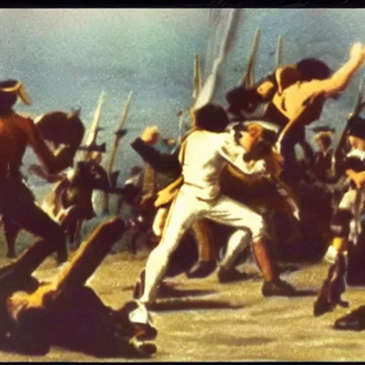 Image similar to super-8 footage of 18th century Trafalgar battle, award winning, real picture,