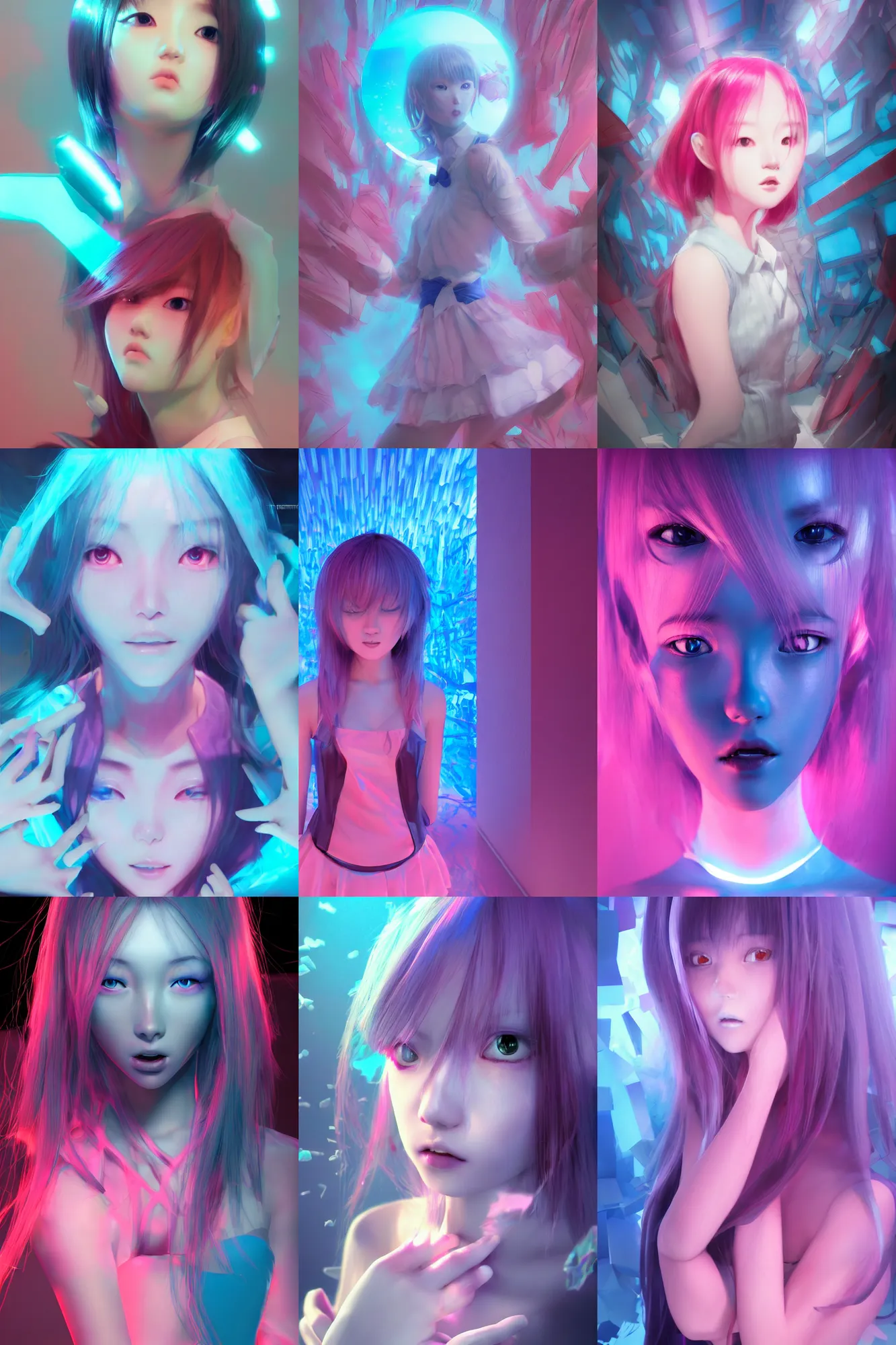 Prompt: 3d dark infrared octane render concept art by D. Jun, by Mo Xiang Tong Xiu, by Igarashi Daisuke, beauty portrait anime schoolgirl under dark pink and blue water. cute face. complex mirrored room. dramatic light, trending on artstation.