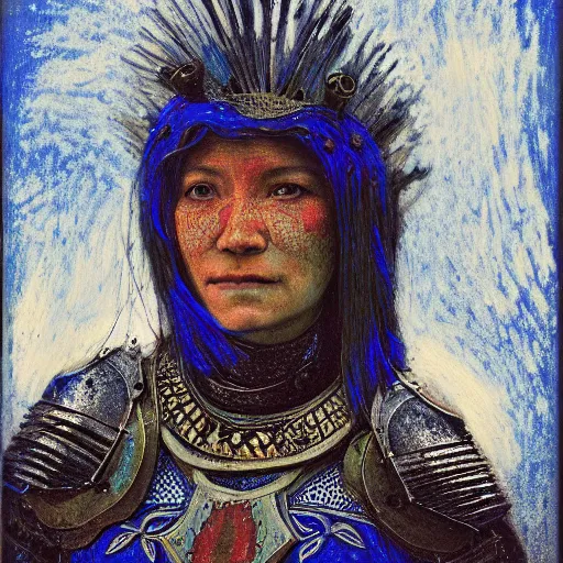 Prompt: head and shoulders portrait of a female knight, inuk, fractal armor, tonalist, baroque, chiaroscuro, symbolist, ambrotype, detailed, raven, edge lighting, etching, vibrant, palette knife, girih, prussian blue and raw sienna, angular, squinting