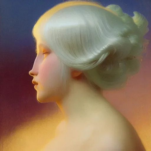 Image similar to a young woman's face, her hair is white and she wears a cobalt blue satin cloak, by ivan aivazovsky and syd mead and moebius and gaston bussiere and roger dean and pieter claesz and paul delaroche and alma tadema and aelbert cuyp and willem claesz, hyperrealistic, volumetric light, octane render