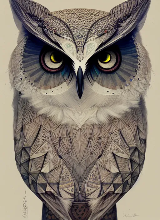 Image similar to portrait of a geometric owl, identical eyes, medium shot, illustration, full body made of white feathers, symmetrical, art stand, super detailed, cinematic lighting, and its detailed and intricate, gorgeous, by peter mohrbacher