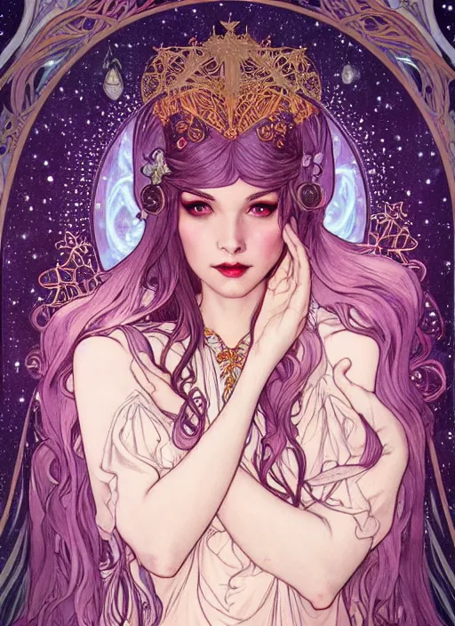 Prompt: fantastic portrait of a beautiftul witch with some shinny star, royally decorated crystal gemstones, symmetrical face, art nouveau, portrait, cute, fairy, by artgerm, kelly mckernan, charlie bowater, alphonse mucha, detailed background, artstation, intricate, elegant, highly detailed