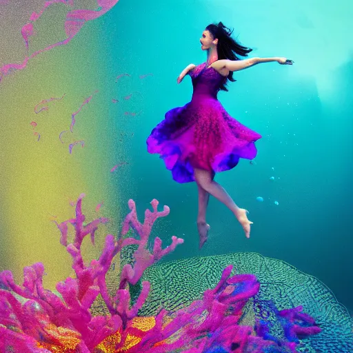 Image similar to woman dancing underwater wearing a flowing dress made of many layers of blue, magenta, and yellow translucent lace, elegant coral sea bottom, swirling silver fish, octane render, caustics lighting from above, cinematic