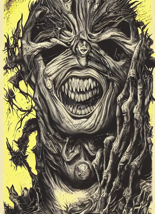 Prompt: donald trump's disgusting true form on a 1 9 9 0 s horror movie poster, inking, vintage 9 0 s print, detailed, scary, horror, screen print, trending on artstation