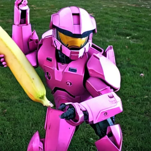 Image similar to cute master chief in pink armor holding a banana