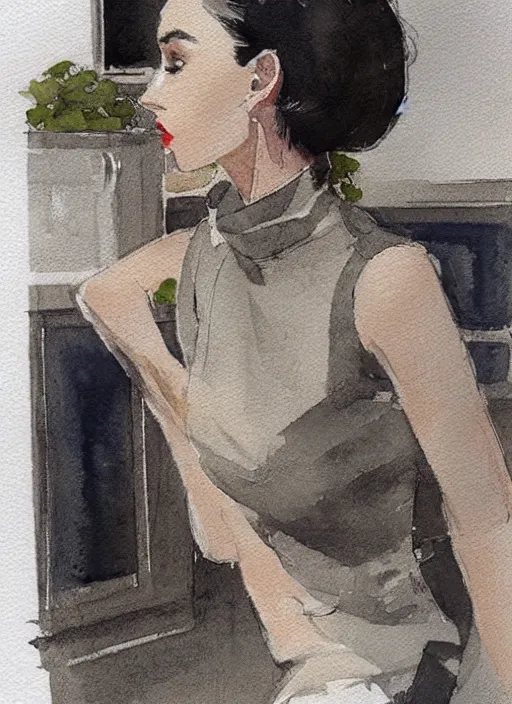 Prompt: concept art of a modern office life, young attractive business woman in pencil miniskirt and sleeveless turtleneck, pinterest, artstation trending, behance, watercolor, by coby whitmore, silver, laser light,