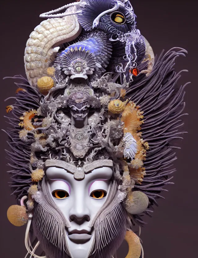 Image similar to 3 d goddess close - up 3 / 4 portrait with ram skull. beautiful intricately detailed japanese crow kitsune mask and clasical japanese kimono. betta fish, jellyfish phoenix, bio luminescent, plasma, ice, water, wind, creature, artwork by tooth wu and wlop and beeple and greg rutkowski