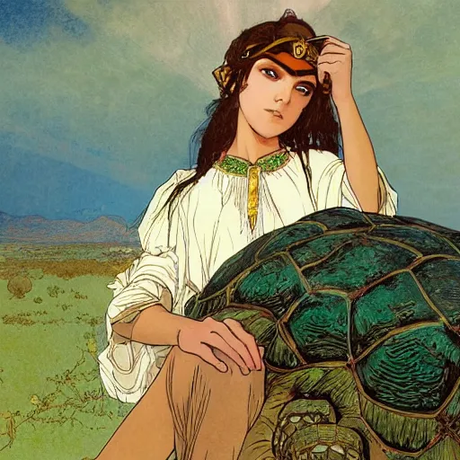 Image similar to a little warrior girl sitting on top of one giant turtle with a wise face that is walking in the desert. the girl has dark skin and beautiful green eyes, realistic full body and a very beautiful detailed symmetrical face with long black hair. diffuse light, dramatic sky and landscape, long shot fantasy illustration by mucha