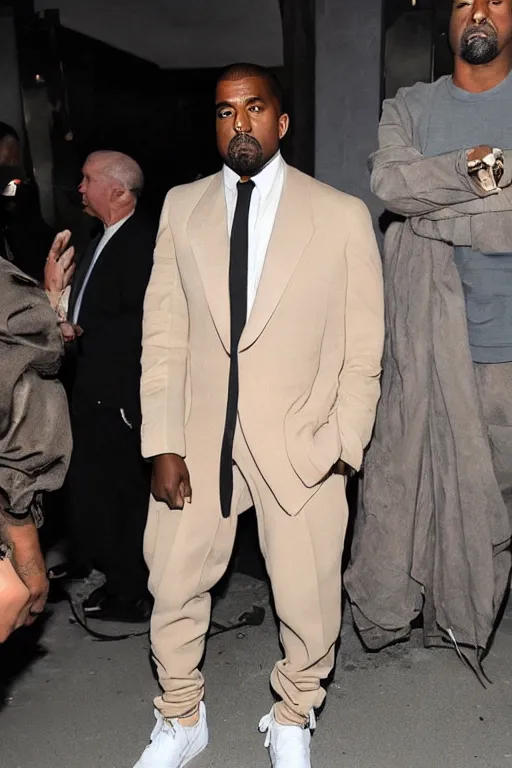 Image similar to kanye west wearing a suit made of steak, runway photo