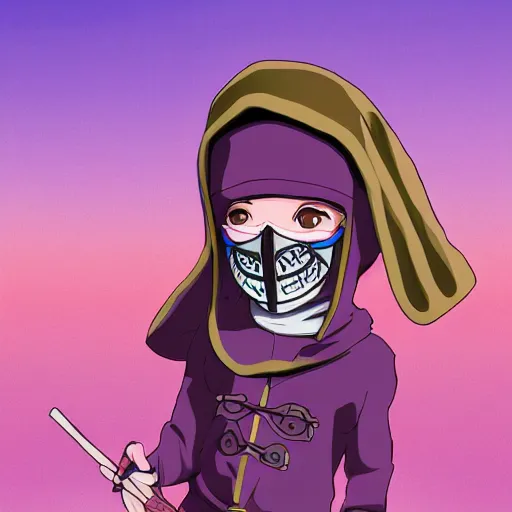 Prompt: cute little boy wearing an skull mask and dressed in an nun outfit in desert, purple color palette, artwork made in made in abyss art style, inspired in ddtank and hirohiko araki, ray tracing, soft details