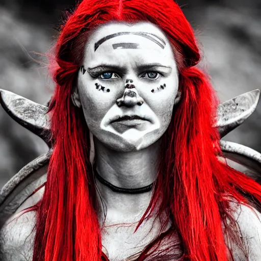 Image similar to Viking woman tribal, red hair,, photograph, national geographic, award winning.