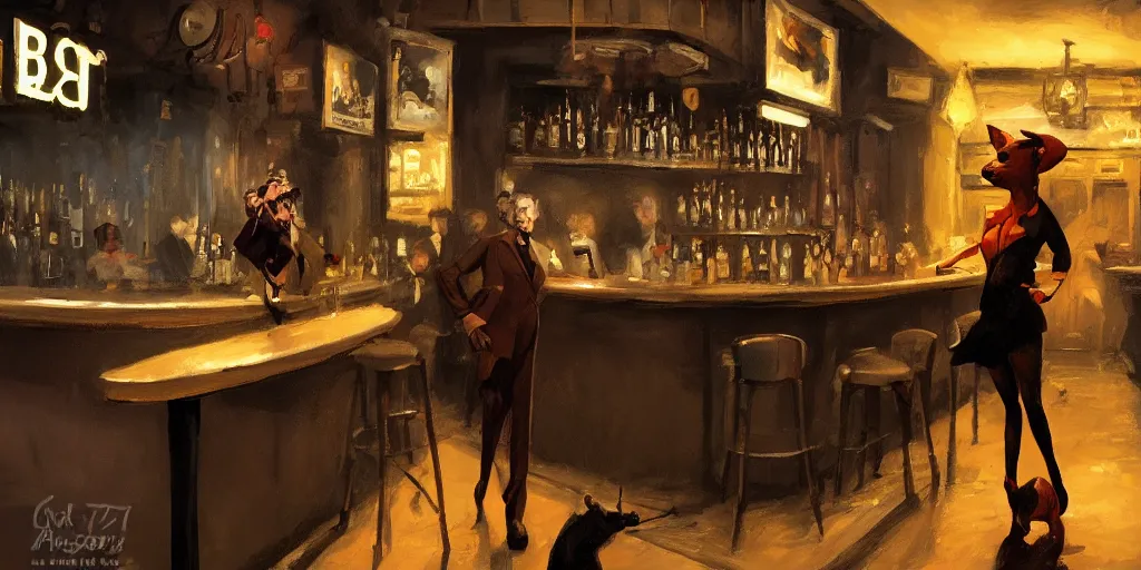 Image similar to a biped female rat is working at the bar of a 4 0 s jazz club, warm color palette, night time, dramatic lighting, noir film, character sheet, fine details, high contrast, blacksad, kim jung gi, greg rutkowski, trending on artstation, 8 k, front view, back view, ultra wide angle