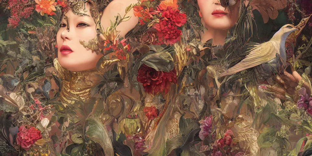 Image similar to breathtaking detailed concept art painting blend of queen sirikrit by hsiao - ron cheng with anxious piercing eyes, vintage illustration pattern with bizarre compositions blend of flowers and fruits and birds by beto val and john james audubon, exquisite detail, extremely moody lighting, 8 k