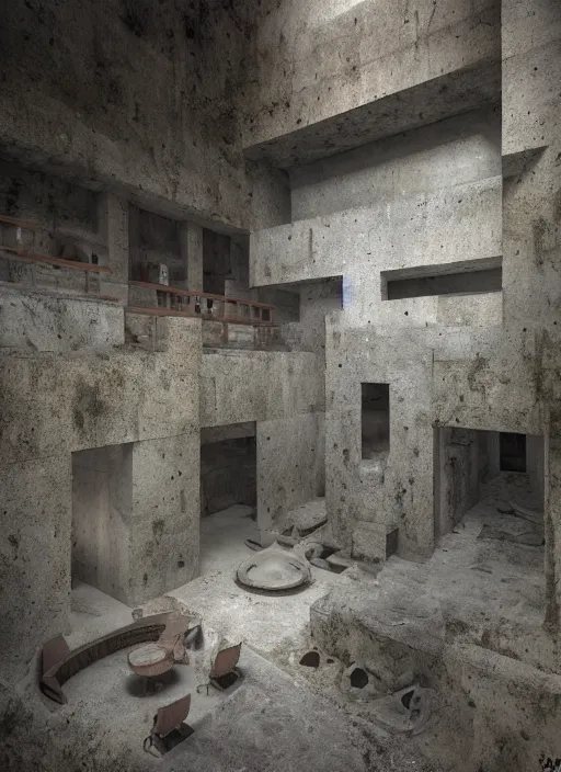 Prompt: “an Aerial view of a cenotes-like modernism Calidarium with marble quarry interior designed by GiuseppeTerragni , Danteum, Dearmcore, abandoned Architecture, hyper-realistic, dark and moody, highly detailed, hyper-realistic, environment, dramatic lighting, octane rendering, vray, unreal engine, cinematic view, 8k”