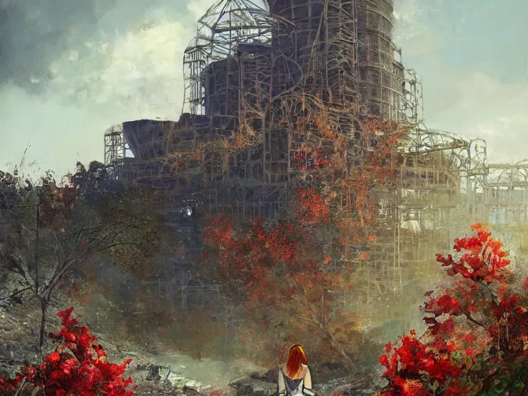 Prompt: red hair girl, chernobyl powerplant!!!, rubble!, ruins!!, flowers, vines, hyperrealistic, highly detailed, cinematic, single ray of golden sunlight, beautiful, cgssociety, artstation, 8 k, oil painting by greg rutkowski, by artgerm, by wlop