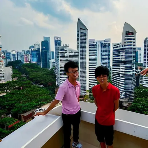 Image similar to award - winning photo of two singapore students on the roof of a hdb flat