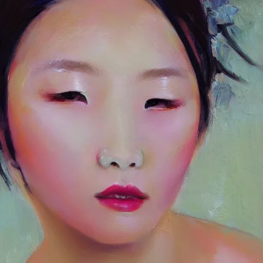 Prompt: beautiful highly detailed and expressive oil painting of a korean woman's face dissolving into petals, masterpiece, dynamic lighting, atmospheric