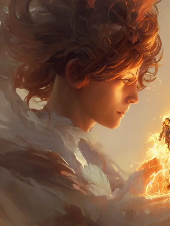 Image similar to young summoner with a fire elemental, fantasy, man, intricate, elegant, highly detailed, digital painting, artstation, concept art, wallpaper, smooth, sharp focus, illustration, art by artgerm and greg rutkowski and alphonse mucha