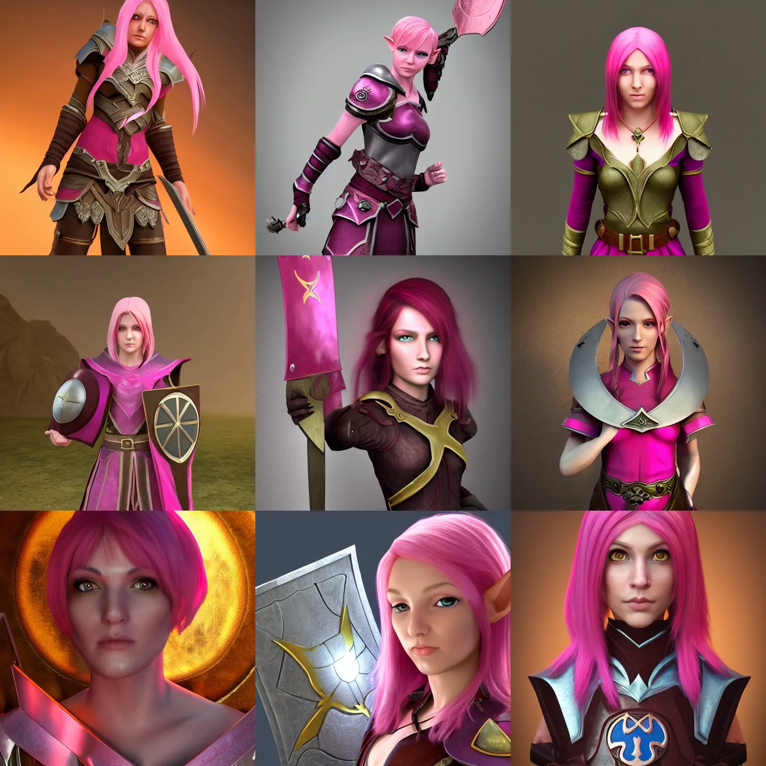 Prompt: beautiful, pink short haired, half elf woman, healer wearing cleric clothing and holding a shield, dungeons and dragons, character portrait, full face render, crimson eye color, 3 d model, blender, sculpture