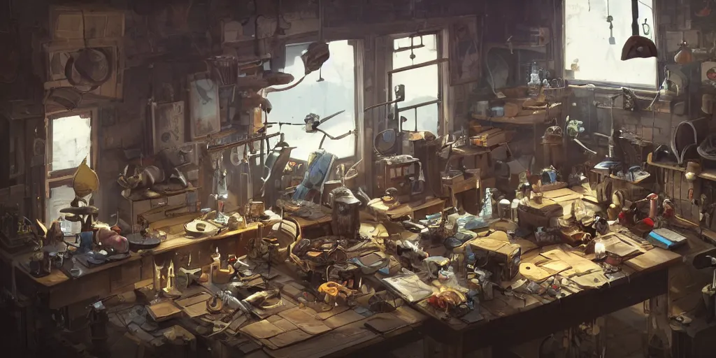 Image similar to A strong mechanic tinkers over gadgets on a table inside his workshop, in the style of Arcane, Greg Rutkowski and Studio Ghibli