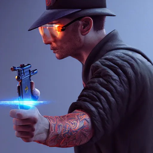Image similar to A sorcerer wielding two Glock pistols, bust shot, Art by James Jean, substance 3d painter, cinematic, hyper realism, high detail, octane render, unreal engine, 8k, Smooth, High contrast, depth of field, aperture f2.8