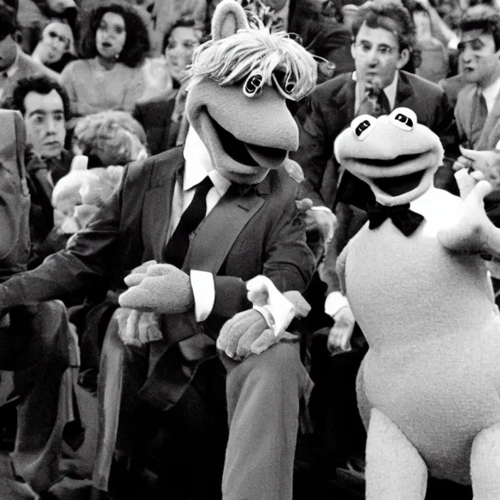 Prompt: movie still of Nicolas Sarkozy in the muppet show, grainy picture cinemastill 800t 70s movie 18mm