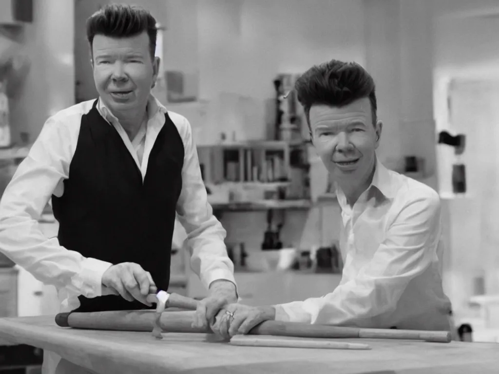 Prompt: rick astley using a rolling pin, sharp detail, cinematic