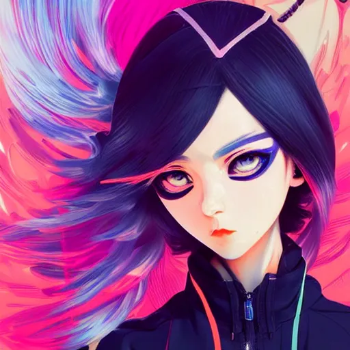 Prompt: poster woman with futuristic streetwear and hairstyle, colourful, cute face, anime eyes, dynamic portrait, full face shot, intricate eyes, beautiful, elegant, Anime by Kuvshinov Ilya, Cushart Krentz and Gilleard James, 4k, HDR, Trending on artstation, Behance, Pinterest, award winning
