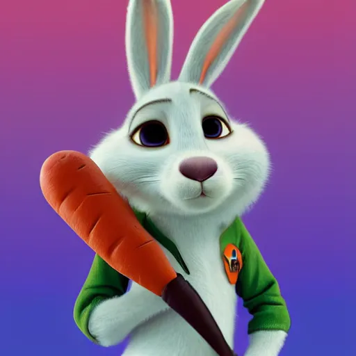 Prompt: portrait of a super cute bunny, a carrot, pixar, zootopia, cgi, blade runner. trending on artstation