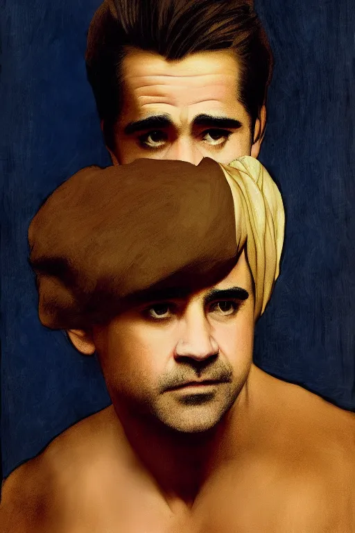 Prompt: portrait of colin farrell, digital painting by maxfield parrish and caravaggio, photorealistic