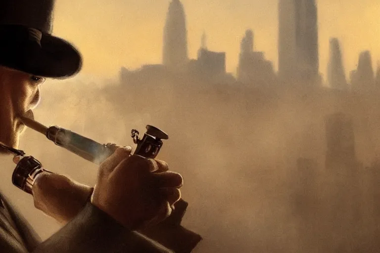 Prompt: portrait profile sherlock holmes tobacco pipe on a perch facing the city at night, smoke rising, smooth, focus, highly detailed, hyper realistic, dramatic lighting, intricate, concept art, new york skyline, looking down, movie still, art by wlop, greg rutowski, artstation