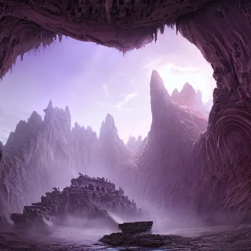 Image similar to “A beautiful hyper realistic detailed matte painting of the entrance to a dungeon of the gods at the base of an ancient mountain, dramatic lighting, dynamic lighting, cinematic lighting, lit by morning light, by Finnian MacManus and Jessica Rossier, unreal engine, featured on artstation, ultrawide angle, f8, polarizer filter, lava, magma, oversaturated, dof”