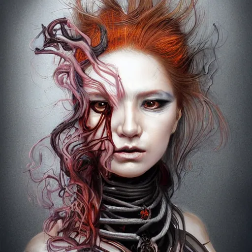 Prompt: portrait of a Shibari rope wrapped face and neck, headshot, insanely nice professional hair style, dramatic hair color, digital painting, of a 17th century cyborg merchant, amber jewels, baroque, ornate clothing, scifi, realistic, hyper detail, chiaroscuro, concept art, art by Franz Hals and Jon Foster and Ayami Kojima and Amano and Karol Bak,