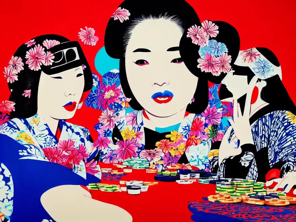Image similar to hyperrealistic composition of the detailed woman in a japanese kimono sitting at a poker table with darth vader, fireworks, waves in the ocean with mountains in the background, pop - art style, jacky tsai style, andy warhol style, acrylic on canvas