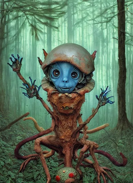 Image similar to cuddly friendly alien in the woods by a river gorgeous lighting, lush forest foliage blue sky a hyper realistic painting by chiara bautista and beksinski and norman rockwell and greg rutkowski, weta studio, and lucasfilm
