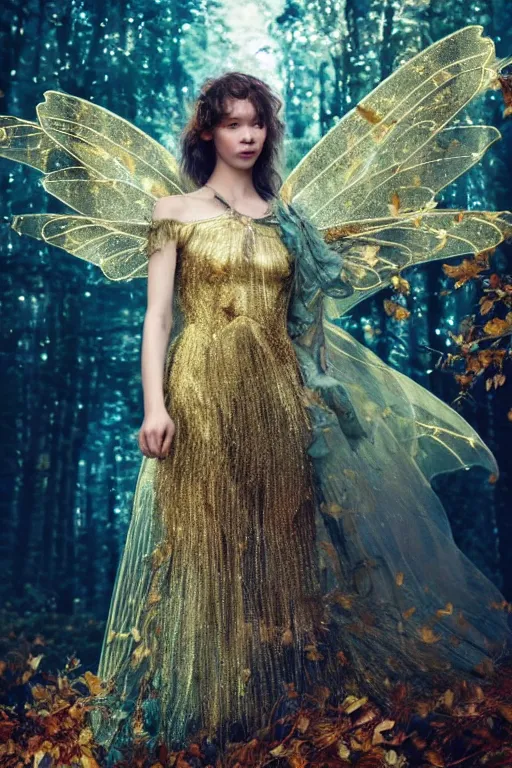 Prompt: masterwork full body photograph of astrid berges frisbey as a fairy with golden wavy hair. highly detailed sharp focus face. wearing a dress made out of stars.. resting on a background of autumn leaves. fluid, dreamy, ethereal, vivid colours. wow! cinematic lighting. trending on artstation. cgsociety. by moebius. megapixels.