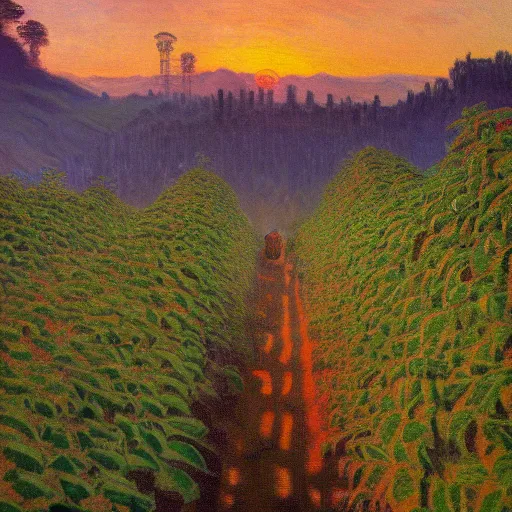 Image similar to enormous cannabis plantation in a valley, sunset in background, surreal, by simon stalenhag and claude monet, oil on canvas